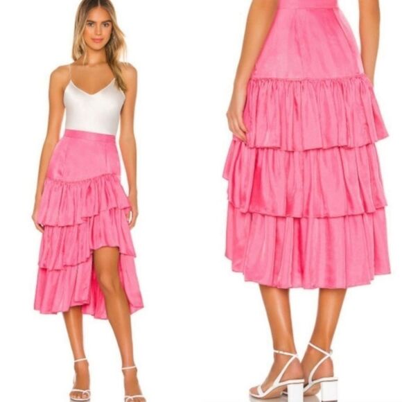 NWT Cinq a Sept Rowan Tiered Satin Ruffle Silky Midi Skirt in Primrose Pink 2 - Picture 2 of 10